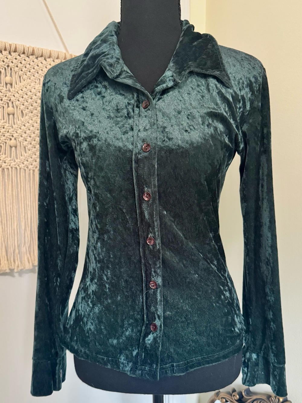 Vintage 90s Charlotte Russe Emerald Green Crushed Velvet Button-Up Blouse